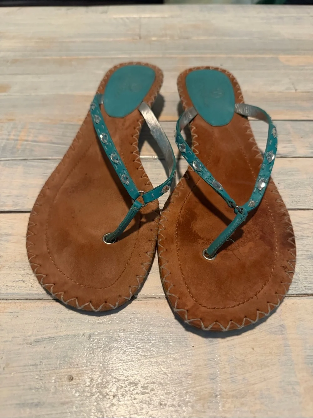 Vintage Cole Haan Dava Thong Sandals Teal Leather Espadrille Flip Flops 8B Boho